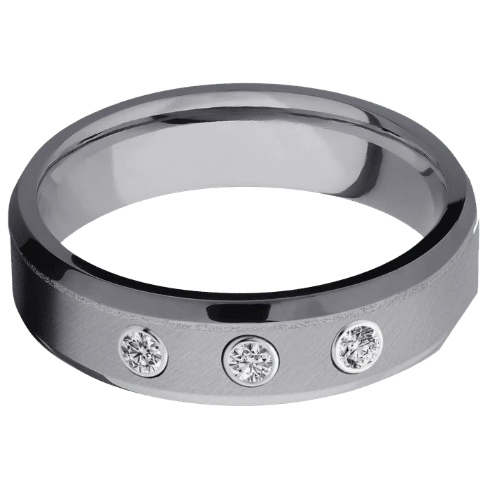6mm wide Beveled Tantalum Ring with Angle Satin Finish / 3 Round .05 carat Lab Grown Diamond Bezel-Set Gemstones - Image 3