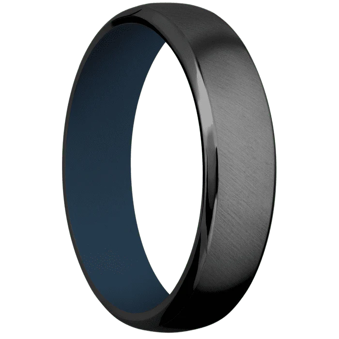 6mm wide Domed Bevel Black Titanium Ring with Angle Satin Finish / Navy Blue Cerakote Sleeve - Image 2
