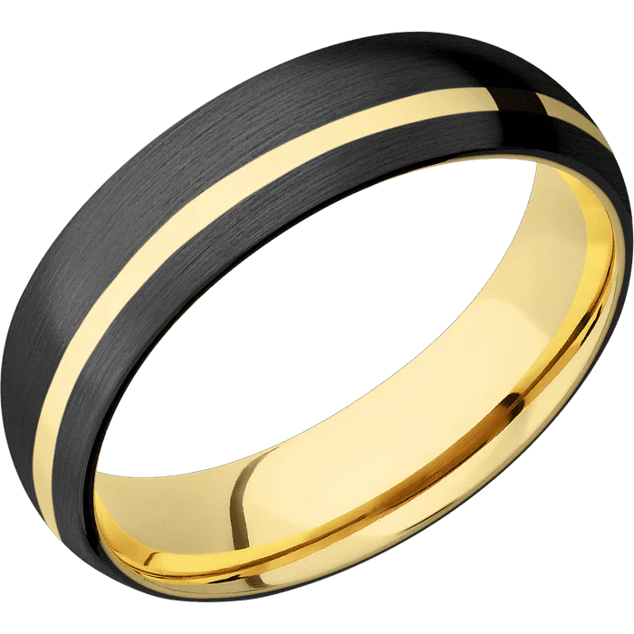 6mm wide Domed Black Zirconium Ring with Satin Finish / One 1mm Off Center 14k Yellow Gold Inlay with Polish Finish / 14k Yellow Gold Sleeve