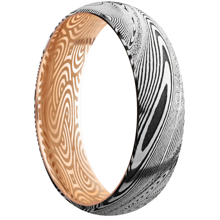 6mm wide Domed Tightweave Damascus Steel Ring with Tumble Kuro Damascus Finish / 14k Rose Gold Sleeve / None Interior Pattern - Image 2