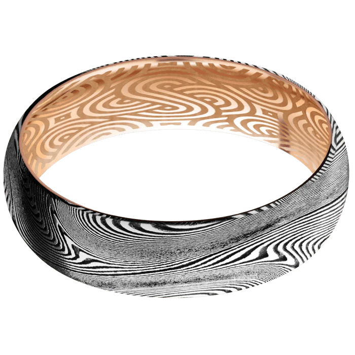 6mm wide Domed Tightweave Damascus Steel Ring with Tumble Kuro Damascus Finish / 14k Rose Gold Sleeve / None Interior Pattern - Image 3
