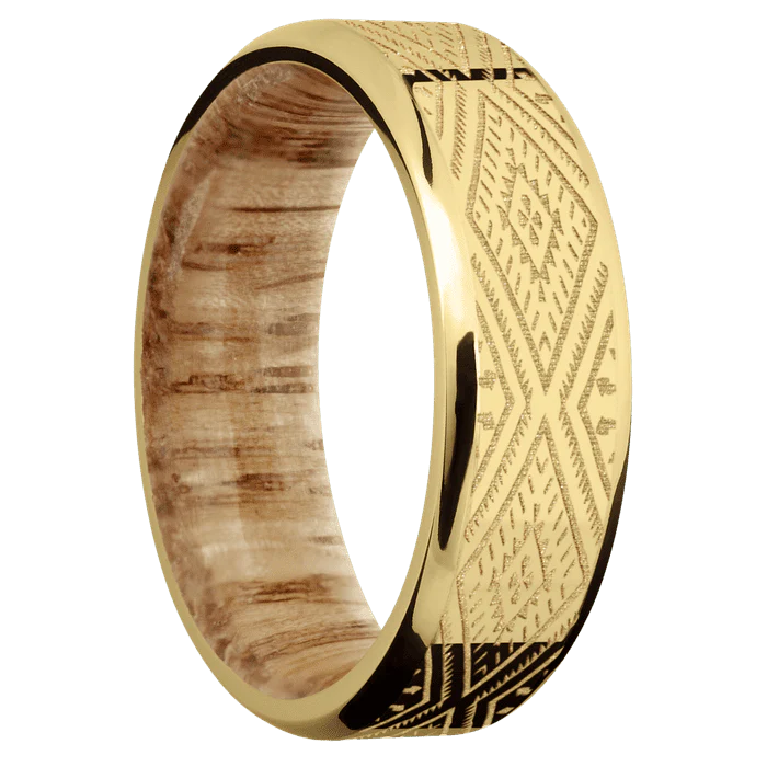 7mm wide Beveled 10k Yellow Gold Ring with Polish Finish / Aztec 1 Design / Natural Oak Sleeve - Image 2