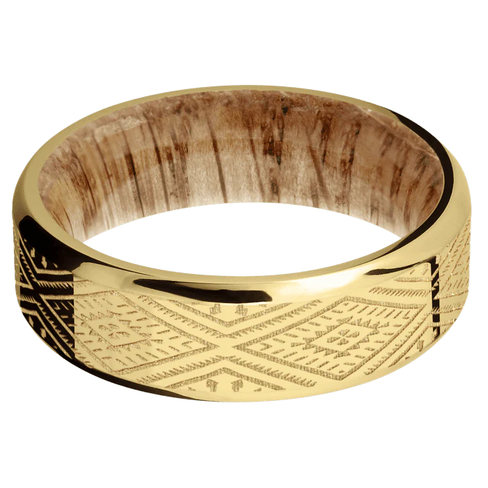 7mm wide Beveled 10k Yellow Gold Ring with Polish Finish / Aztec 1 Design / Natural Oak Sleeve - Image 3