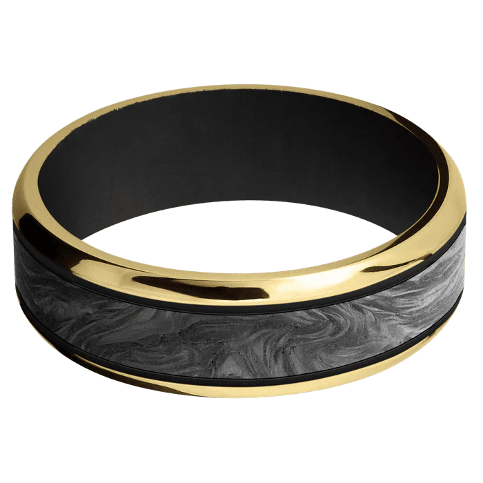 7mm wide Beveled 18k Yellow Gold Ring with Polish Finish / One 4mm Centered Forged Carbon Fiber Inlay and Black Cerakote Accents / Black Cerakote Sleeve - Image 3