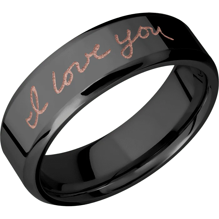 7mm wide Beveled Black Titanium Ring with Polish Finish / Hand Writing Design and Rose Gold Cerakote Accents