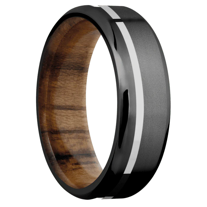 7mm wide Beveled Black Zirconium Ring with Bead Blast Finish / One 1mm Off Center Palladium Silver Inlay with Polish Finish / Teak Sleeve - Image 2