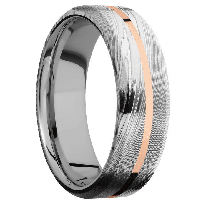 7mm wide Beveled Damascus Steel Ring with Polish Damascus Finish / One 1mm Centered 14k Rose Gold Inlay with Polish Finish / Titanium Sleeve - Image 2