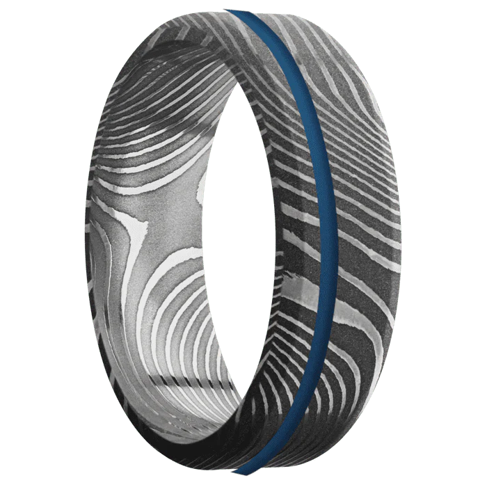 7mm wide Beveled Flattwist Damascus Steel Ring with Acid Damascus Finish / One 1mm Off Center Ridgeway Blue Cerakote Inlay - Image 2