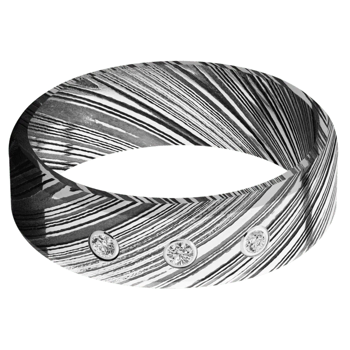 7mm wide Beveled Kuro Damascus Steel Ring with Tumble Kuro Damascus Finish / 3 Round .03 carat Standard Lab Grown Diamond Bezel-Set Gemstones - Image 3