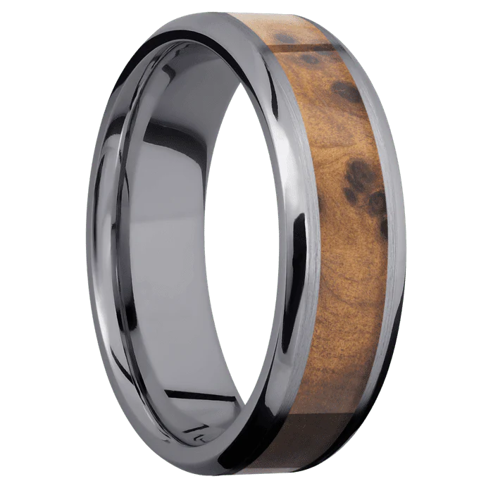 7mm wide Beveled Tantalum Ring with Satin Finish / One 4mm Centered Thuya Burl Inlay - Image 2