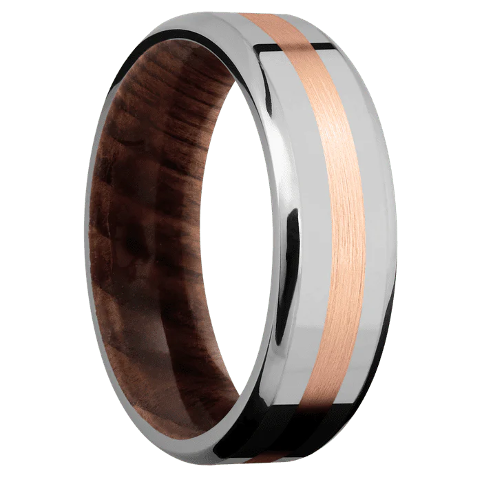 7mm wide Beveled Titanium Ring with Polish Finish / One 2mm Centered 14k Rose Gold Inlay with Satin Finish / Sequoia Sleeve - Image 2