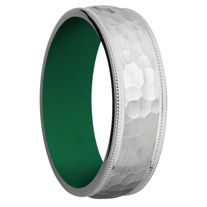 7mm wide Domed Milgrain Edges Titanium Ring with Hammer Finish / Green Cerakote Sleeve - Image 2