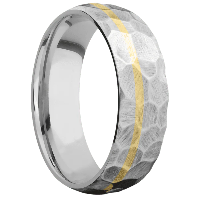 7mm wide Domed Platinum Ring with Rock Finish / One 1mm Off Center 14k Yellow Gold Inlay - Image 2