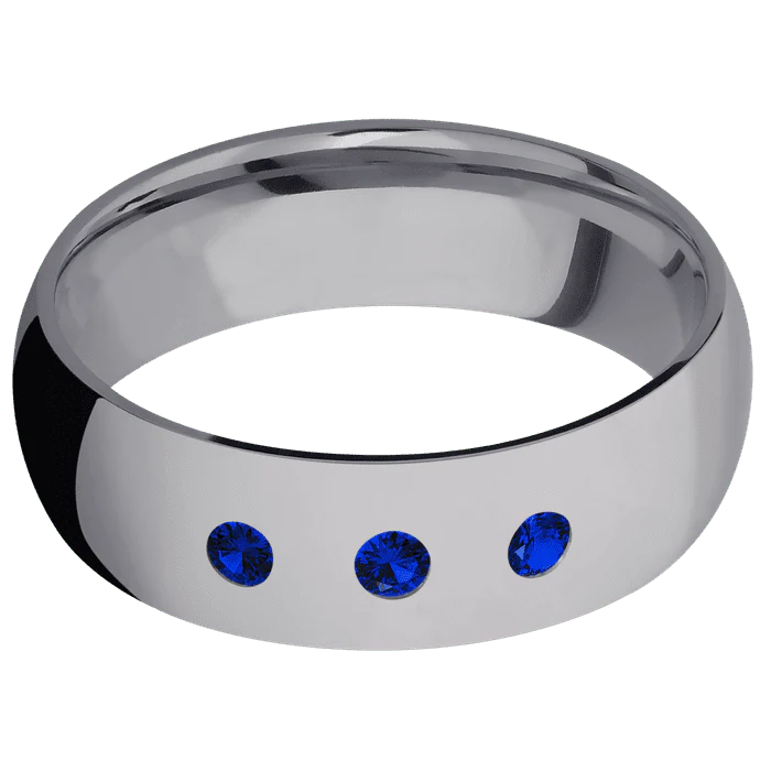 7mm wide Domed Tantalum Ring with Polish Finish / 3 Round .07 carat Sapphire Flush-Set Gemstones - Image 3