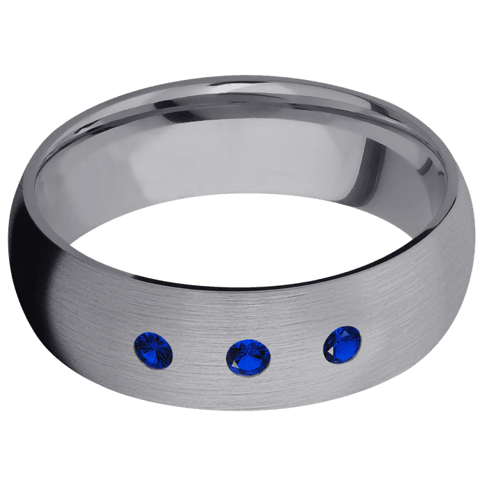 7mm wide Domed Tantalum Ring with Satin Finish / 3 Round .05 carat Sapphire Flush-Set Gemstones - Image 3
