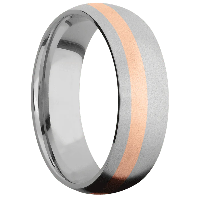 7mm wide Domed Titanium Ring with Bead Blast Finish / One 2mm Off Center 14k Rose Gold Inlay with Bead Blast Finish - Image 2