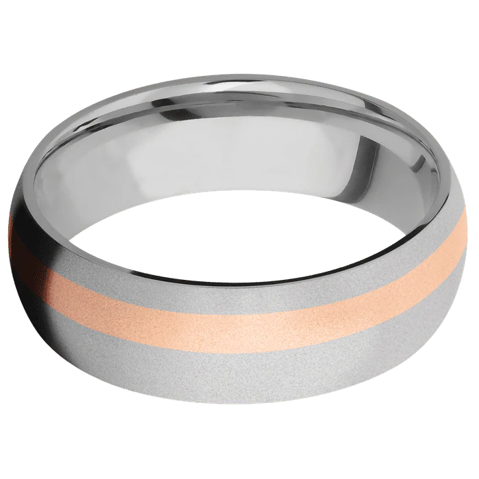 7mm wide Domed Titanium Ring with Bead Blast Finish / One 2mm Off Center 14k Rose Gold Inlay with Bead Blast Finish - Image 3