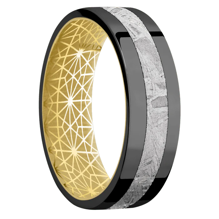 7mm wide Flat Black Titanium Ring with Polish Finish / One 3mm Centered Meteorite Inlay / 18k Yellow Gold Sleeve / None Interior Pattern - Image 2