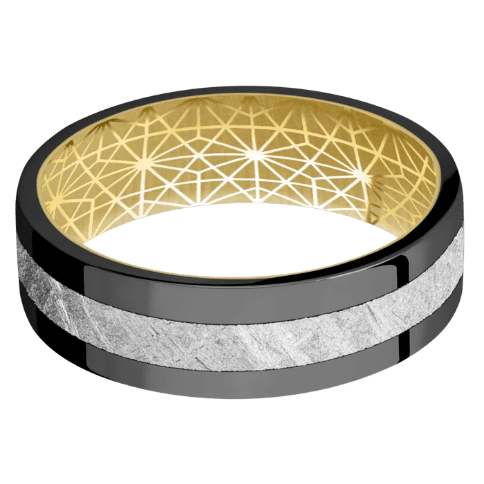 7mm wide Flat Black Titanium Ring with Polish Finish / One 3mm Centered Meteorite Inlay / 18k Yellow Gold Sleeve / None Interior Pattern - Image 3