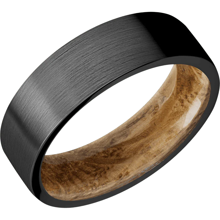 7mm wide Flat Black Titanium Ring with Satin Finish / Whiskey Barrel Sleeve