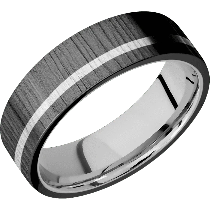 7mm wide Flat Black Zirconium Ring with Treebark 1 Finish / One 1mm Off Center 14k White Gold Inlay / 14k White Gold Sleeve