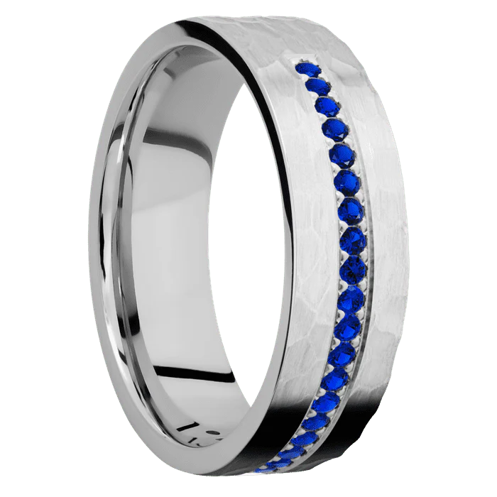 7mm wide Flat Cobalt Chrome Ring with Hammer Finish / Half Eternity Round .015 carat Sapphire Bead-Set Gemstones - Image 2