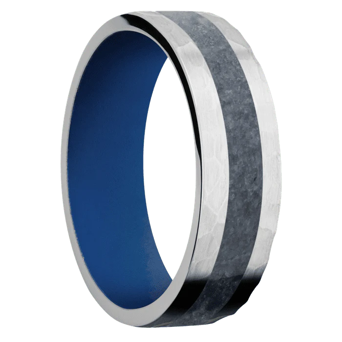 7mm wide Flat Cobalt Chrome Ring with Hammer Finish / One 3mm Centered Blue Sapphire Inlay / Royal Blue Cerakote Sleeve - Image 2