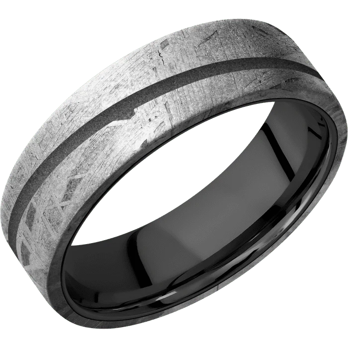 7mm wide Flat Meteorite Ring / One 1mm Angled Gun Metal Grey Cerakote Inlay / Black Zirconium Sleeve