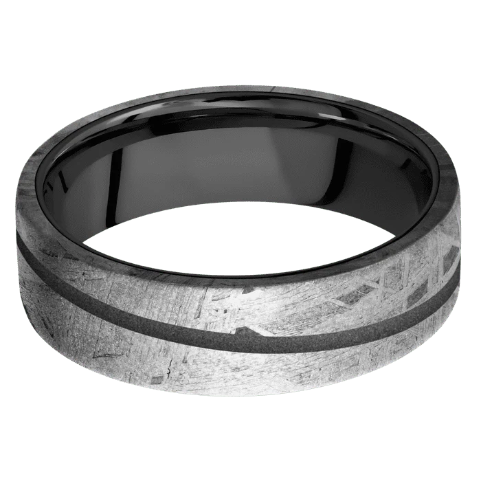 7mm wide Flat Meteorite Ring / One 1mm Angled Gun Metal Grey Cerakote Inlay / Black Zirconium Sleeve - Image 3
