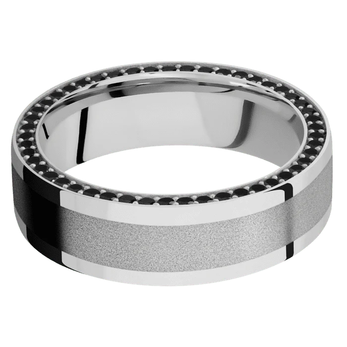 7mm wide Flat Platinum Ring with Polish Finish / Side Eternity Round .01 carat Black Diamond Bead Channel-Set Gemstones / One 4mm Centered Platinum Inlay with Sand Blast Finish - Image 3