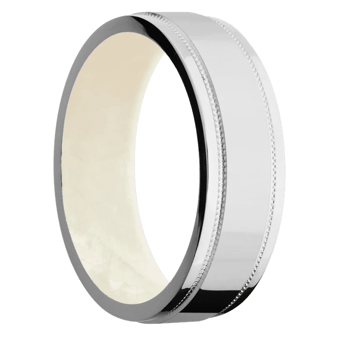 7mm wide Flat Stepped Edges Milgrain Platinum Ring with Polish Finish / Freshwater Mother of Pearl Sleeve - Image 2