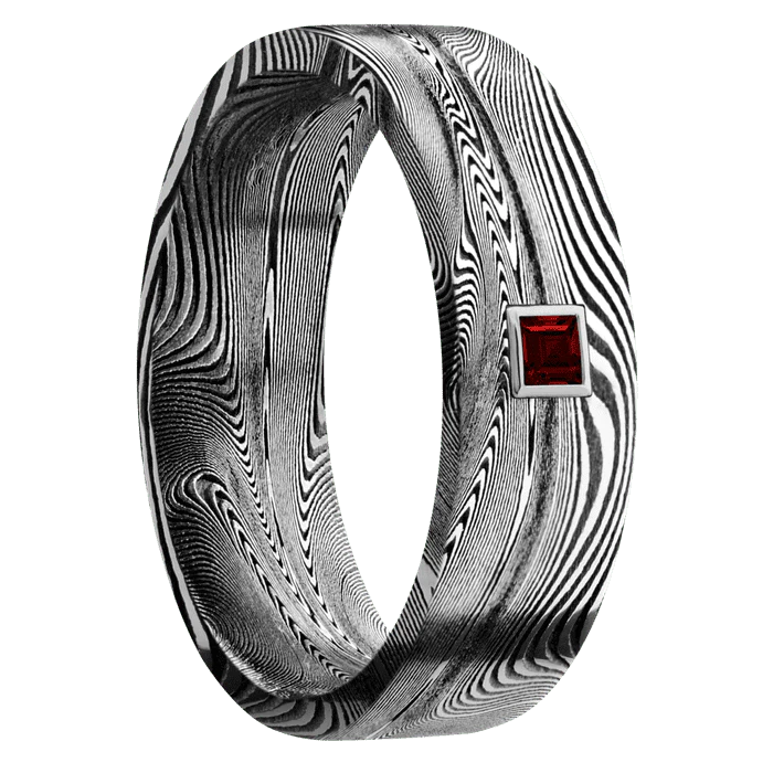 7mm wide Flat Tightweave Damascus Steel Ring with Tumble Kuro Damascus Finish / 1 Princess .1 carat Dark Ruby Bezel-Set Gemstones - Image 2