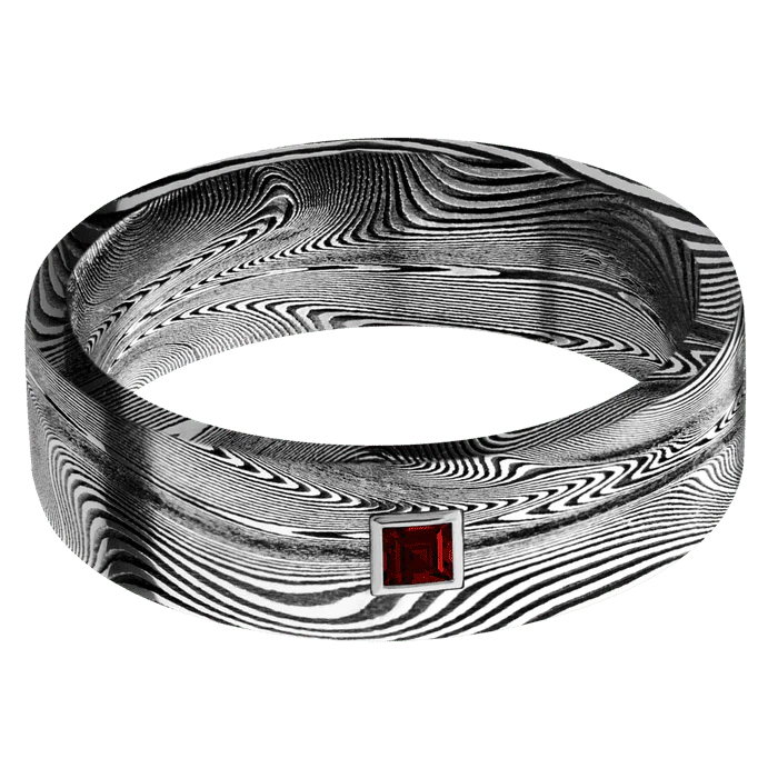 7mm wide Flat Tightweave Damascus Steel Ring with Tumble Kuro Damascus Finish / 1 Princess .1 carat Dark Ruby Bezel-Set Gemstones - Image 3