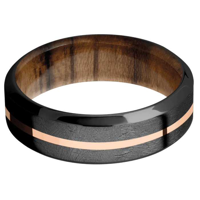 7mm wide High Bevel Black Titanium Ring with Distressed Finish / One 1mm Centered 14k Rose Gold Inlay with Polish Finish / Teak Sleeve - Image 3