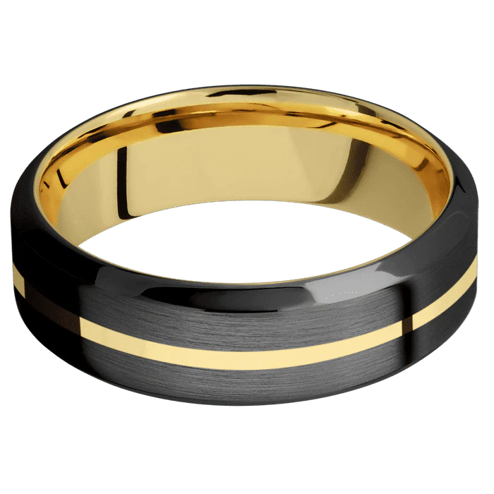 7mm wide High Bevel Black Titanium Ring with Satin Finish / One 1mm Centered 14k Yellow Gold Inlay with Polish Finish / 10k Yellow Gold Sleeve - Image 3