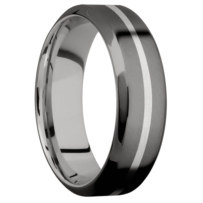 7mm wide High Bevel Darkened Tantalum Ring with Angle Satin Finish / One 1mm Centered Platinum Inlay with Satin Finish / Inconel Sleeve - Image 2