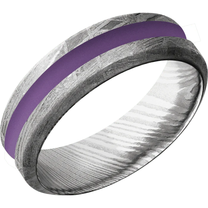 7mm wide High Bevel Meteorite Ring / One 2mm Centered Wild Purple Cerakote Inlay / Damascus Steel Sleeve