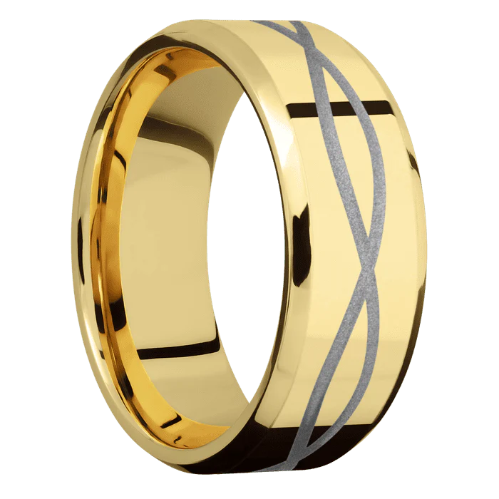 8mm wide Beveled 14k Yellow Gold Ring with Polish Finish / Infinity Design and Crushed Silver Cerakote Accents - Image 2