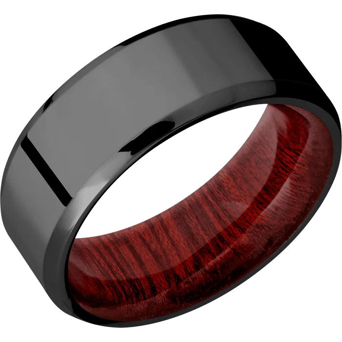 8mm wide Beveled Black Titanium Ring with Polish Finish / Blood Wood Sleeve