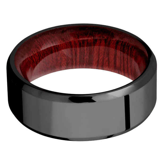 8mm wide Beveled Black Titanium Ring with Polish Finish / Blood Wood Sleeve - Image 3