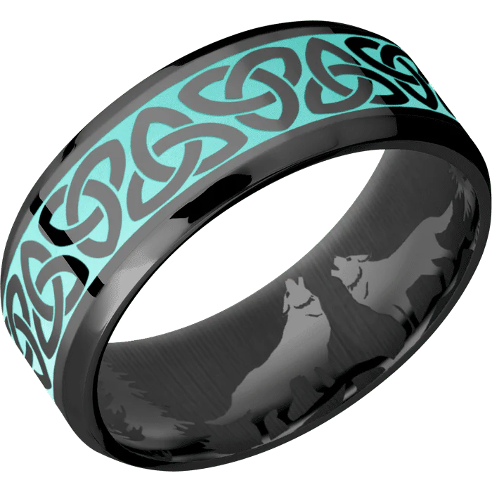 8mm wide Beveled Black Titanium Ring with Polish Finish / Celtic Trinity Design and Robins Egg Blue Cerakote Accents / None Interior Pattern