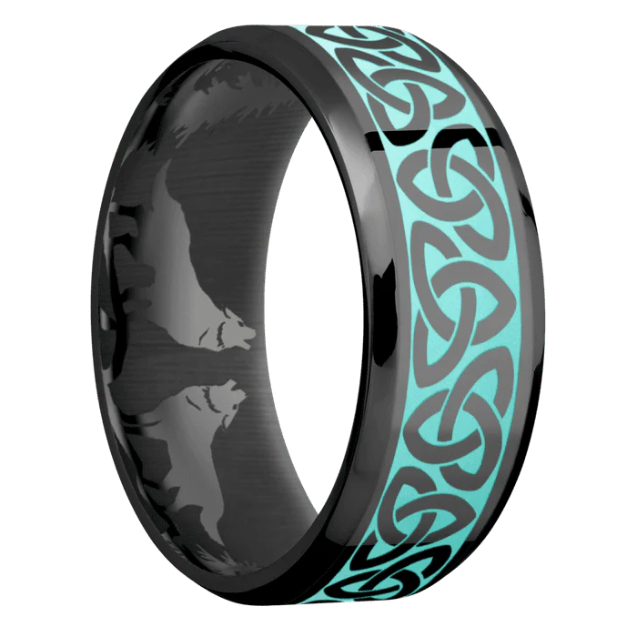 8mm wide Beveled Black Titanium Ring with Polish Finish / Celtic Trinity Design and Robins Egg Blue Cerakote Accents / None Interior Pattern - Image 2
