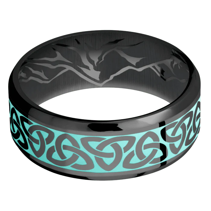 8mm wide Beveled Black Titanium Ring with Polish Finish / Celtic Trinity Design and Robins Egg Blue Cerakote Accents / None Interior Pattern - Image 3