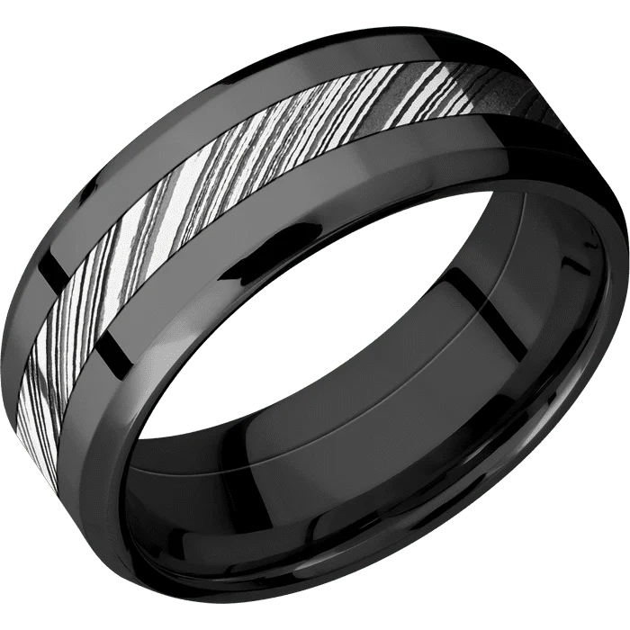 8mm wide Beveled Black Titanium Ring with Polish Finish / One 3mm Centered Kuro Damascus Steel Inlay with Tumble Kuro Damascus Finish