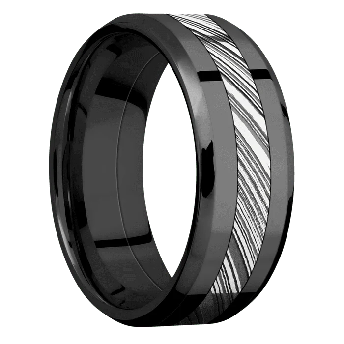8mm wide Beveled Black Titanium Ring with Polish Finish / One 3mm Centered Kuro Damascus Steel Inlay with Tumble Kuro Damascus Finish - Image 2