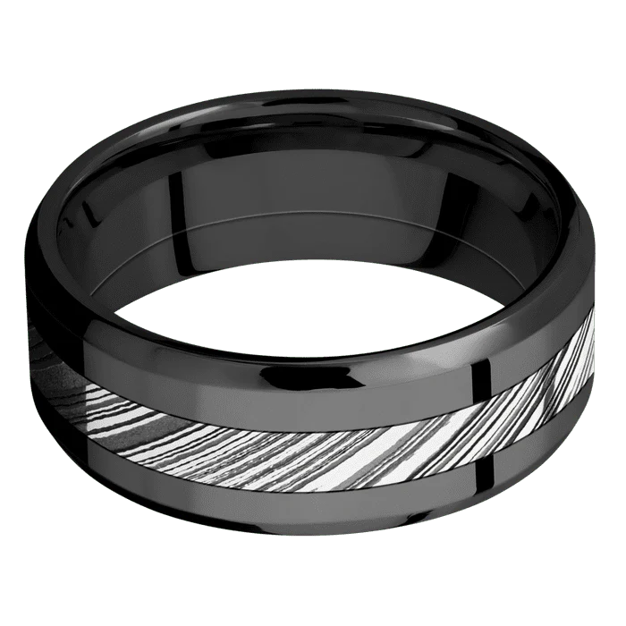 8mm wide Beveled Black Titanium Ring with Polish Finish / One 3mm Centered Kuro Damascus Steel Inlay with Tumble Kuro Damascus Finish - Image 3