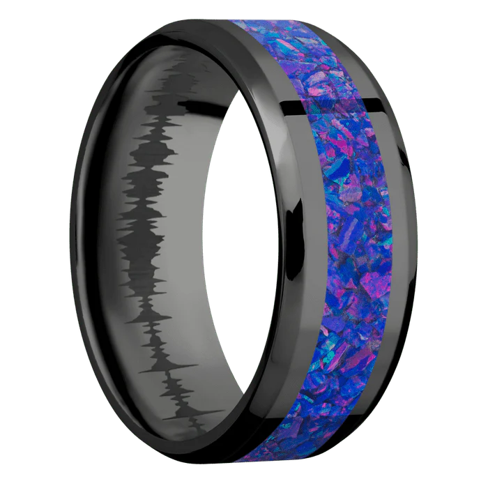 8mm wide Beveled Black Titanium Ring with Polish Finish / One 4mm Centered Purple Opal Inlay / None Interior Pattern - Image 2