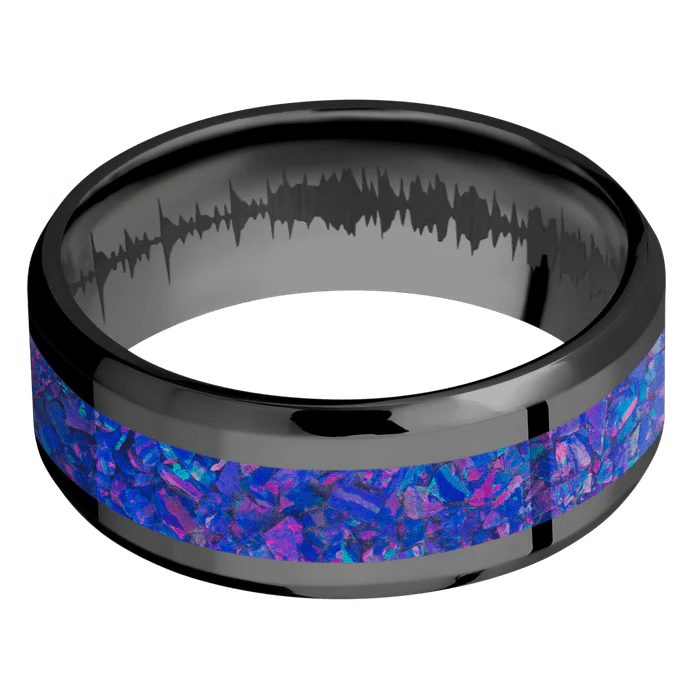 8mm wide Beveled Black Titanium Ring with Polish Finish / One 4mm Centered Purple Opal Inlay / None Interior Pattern - Image 3