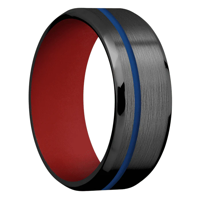 8mm wide Beveled Black Titanium Ring with Satin Finish / One 1mm Off Center Royal Blue Cerakote Inlay / USMC Red Cerakote Sleeve - Image 2