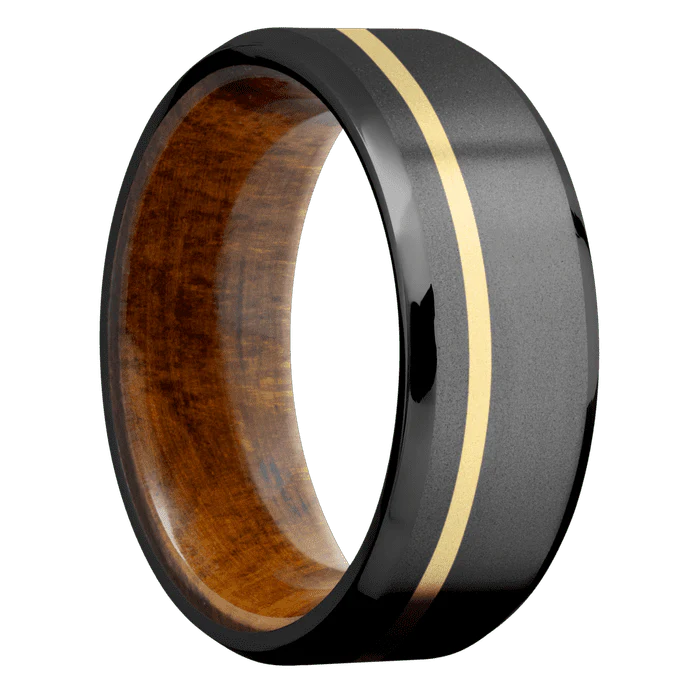 8mm wide Beveled Black Zirconium Ring with Bead Blast Finish / One 1mm Off Center 18k Yellow Gold Inlay with Bead Blast Finish / Desert Iron Wood Sleeve - Image 2